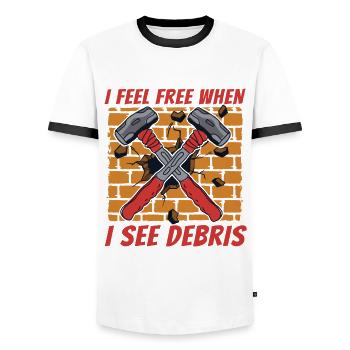 I Feel Free When I See Debris Home Wrecker House - Men's Ringer Shirt - white/black - Front - AI Model Female 172 light (172cm) & AI Model Male 178 dark (178cm)