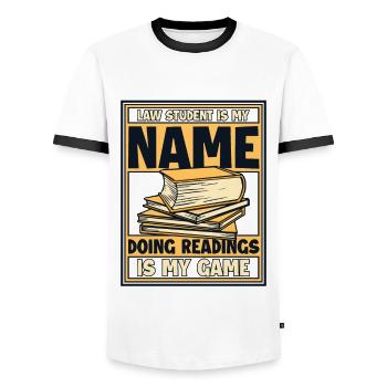 Faire des lectures est mon jeu Faculté de droit de l'Université - T-shirt contrasté Homme - blanc/noir - Devant - AI Model Female 172 light (172cm) & AI Model Male 178 dark (178cm)
