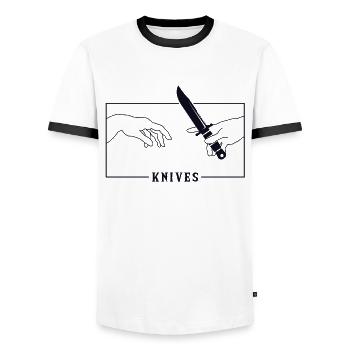 Michelangelo Creation of Adam Knives Lover Knife - Men's Ringer Shirt - white/black - Front - AI Model Female 172 light (172cm) & AI Model Male 178 dark (178cm)