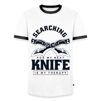 Searching For My Next Knife Butcher Knife Knife - Men's Ringer Shirt - white/black - Front - AI Model Female 172 light (172cm) & AI Model Male 178 dark (178cm)