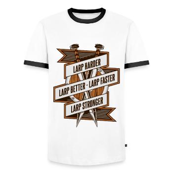 LARP Harder Better Faster Stronger LARPing Armor - Men's Ringer Shirt - white/black - Front - AI Model Female 172 light (172cm) & AI Model Male 178 dark (178cm)