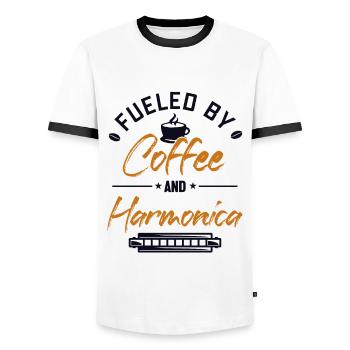Angetrieben von Kaffee und Mundharmonika-Maultrommel - Männer Kontrast-T-Shirt - Weiß/Schwarz - Vorne - AI Model Female 172 light (172cm) & AI Model Male 178 dark (178cm)