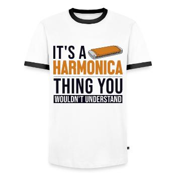 C’est une chose d’harmonica bouche harpe harmoniste - T-shirt contrasté Homme - blanc/noir - Devant - AI Model Female 172 light (172cm) & AI Model Male 178 dark (178cm)
