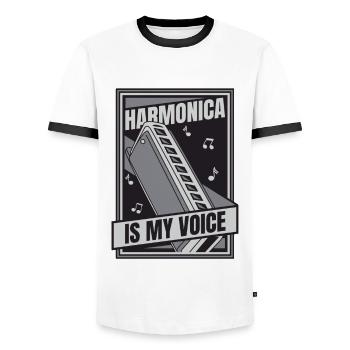 L’harmonica est ma voix Harmoniste Harmoniste - T-shirt contrasté Homme - blanc/noir - Devant - AI Model Female 172 light (172cm) & AI Model Male 178 dark (178cm)