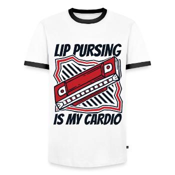 Le pincement des lèvres est ma harpe à bouche d’harmoniciste cardio - T-shirt contrasté Homme - blanc/noir - Devant - AI Model Female 172 light (172cm) & AI Model Male 178 dark (178cm)