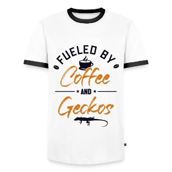 Angetrieben von Kaffee und Geckos Gekkota Crested - Männer Kontrast-T-Shirt - Weiß/Schwarz - Vorne - AI Model Female 172 light (172cm) & AI Model Male 178 dark (178cm)
