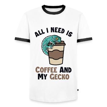 Kaffee und meine Gecko-Eidechse Gekkota Schopf - Männer Kontrast-T-Shirt - Weiß/Schwarz - Vorne - AI Model Female 172 light (172cm) & AI Model Male 178 dark (178cm)