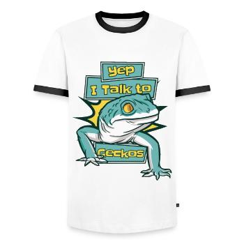 Je parle aux geckos lézard Gekkota léopard huppé - T-shirt contrasté Homme - blanc/noir - Devant - AI Model Female 172 light (172cm) & AI Model Male 178 dark (178cm)