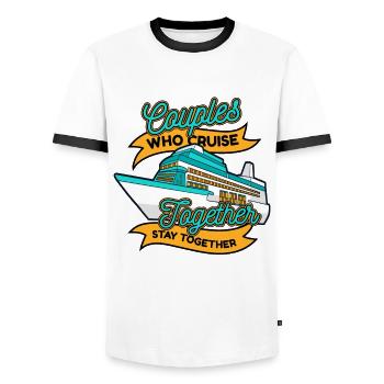 Paare, die zusammen eine Kreuzfahrt machen Kreuzfahrtschiff - Männer Kontrast-T-Shirt - Weiß/Schwarz - Vorne - AI Model Female 172 light (172cm) & AI Model Male 178 dark (178cm)