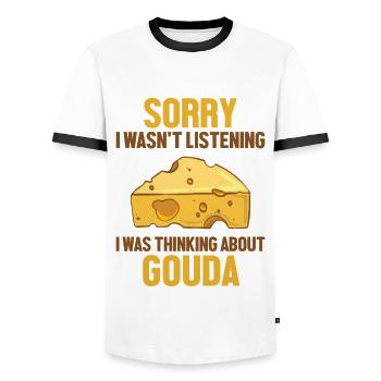 Was Thinking About Gouda Cheesemonger Maker Gouda - Men's Ringer Shirt - white/black - Front - AI Model Female 172 light (172cm) & AI Model Male 178 dark (178cm)