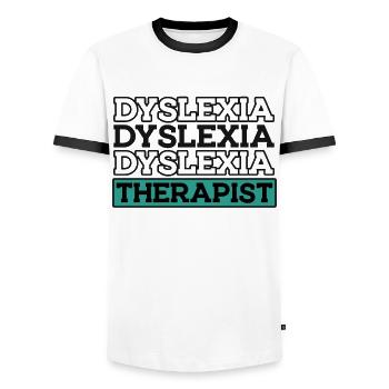 Thérapeute en dyslexie Thérapeute en dyslexie et en apraxie - T-shirt contrasté Homme - blanc/noir - Devant - AI Model Female 172 light (172cm) & AI Model Male 178 dark (178cm)