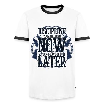 Disciplinez vos enfants maintenant Gardien de prison - T-shirt contrasté Homme - blanc/noir - Devant - AI Model Female 172 light (172cm) & AI Model Male 178 dark (178cm)
