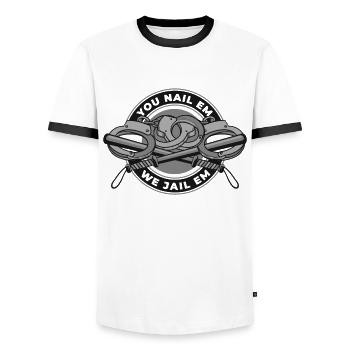 Vous les clouez, nous les emprisonnons, gardien de prison - T-shirt contrasté Homme - blanc/noir - Devant - AI Model Female 172 light (172cm) & AI Model Male 178 dark (178cm)