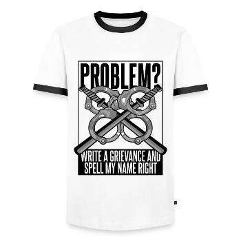 Schreiben Sie eine Beschwerde und buchstabieren Sie meinen Namen richtig Polizei - Männer Kontrast-T-Shirt - Weiß/Schwarz - Vorne - AI Model Female 172 light (172cm) & AI Model Male 178 dark (178cm)