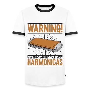 May Spontaneously Talk About Harmonicas Mouth - Men's Ringer Shirt - white/black - Front - AI Model Female 172 light (172cm) & AI Model Male 178 dark (178cm)