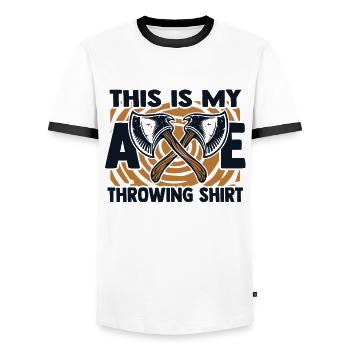 This Is My Axe Throwing Apparel Competition Game - Men's Ringer Shirt - white/black - Front - AI Model Female 172 light (172cm) & AI Model Male 178 dark (178cm)