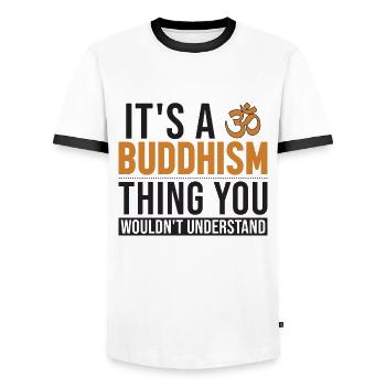 Es ist ein buddhistisches Statuensymbol aus dem Buddhismus - Männer Kontrast-T-Shirt - Weiß/Schwarz - Vorne - AI Model Female 172 light (172cm) & AI Model Male 178 dark (178cm)