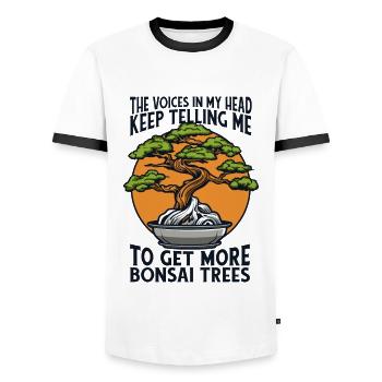 Stimmen, die mir sagen, ich solle mir mehr Bonsai-Bonsai-Schalen besorgen - Männer Kontrast-T-Shirt - Weiß/Schwarz - Vorne - AI Model Female 172 light (172cm) & AI Model Male 178 dark (178cm)