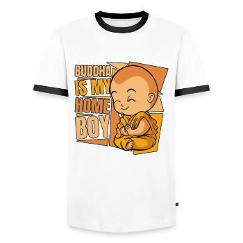 Buddha Is My Home Boy Buddhist Statue Symbol - Men's Ringer Shirt - white/black - Front - AI Model Female 172 light (172cm) & AI Model Male 178 dark (178cm)