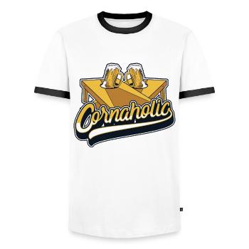 Cornaholic Spielbretter Sitzsack Professional - Männer Kontrast-T-Shirt - Weiß/Schwarz - Vorne - AI Model Female 172 light (172cm) & AI Model Male 178 dark (178cm)