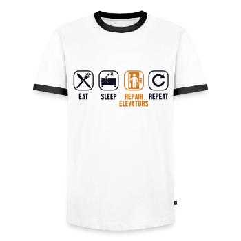 Eat Sleep Repair Elevators Repeat Repair Elevator - Men's Ringer Shirt - white/black - Front - AI Model Female 172 light (172cm) & AI Model Male 178 dark (178cm)