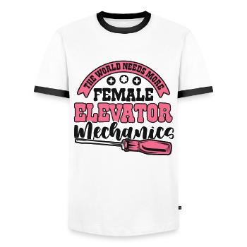 Die Welt braucht mehr weibliche Aufzugsmechanikerinnen - Männer Kontrast-T-Shirt - Weiß/Schwarz - Vorne - AI Model Female 172 light (172cm) & AI Model Male 178 dark (178cm)