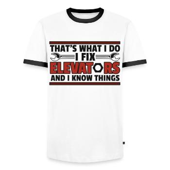I Fix Elevators And I Know Things Repair Elevator - Men's Ringer Shirt - white/black - Front - AI Model Female 172 light (172cm) & AI Model Male 178 dark (178cm)