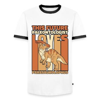 This Future Paleontologist Loves Dinosaur - Men's Ringer Shirt - white/black - Front - AI Model Female 172 light (172cm) & AI Model Male 178 dark (178cm)