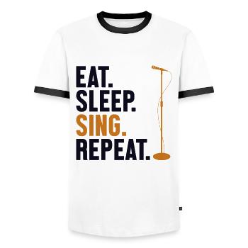 Eat Sleep Sing Repeat Opera House Tenor Singer - Men's Ringer Shirt - white/black - Front - AI Model Female 172 light (172cm) & AI Model Male 178 dark (178cm)