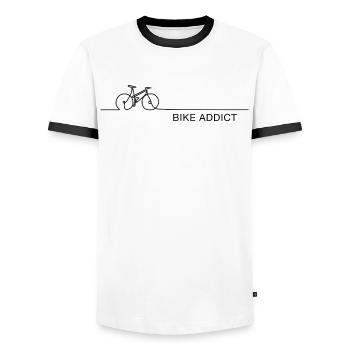 Bike Addict – Cycling Saying with One Line Graphic - Men's Ringer Shirt - white/black - Front - AI Model Female 172 light (172cm) & AI Model Male 178 dark (178cm)