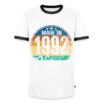 Vintage Made in 1992 Year of birth 1992 Birthday - Men's Ringer Shirt - white/black - Front - AI Model Female 172 light (172cm) & AI Model Male 178 dark (178cm)