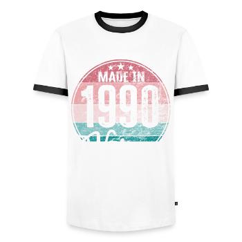Vintage Made in 1990 Year of birth 1990 Birthday - Men's Ringer Shirt - white/black - Front - AI Model Female 172 light (172cm) & AI Model Male 178 dark (178cm)