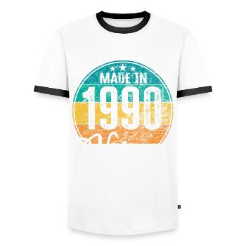 Vintage Made in 1990 Year of birth 1990 Birthday - Men's Ringer Shirt - white/black - Front - AI Model Female 172 light (172cm) & AI Model Male 178 dark (178cm)