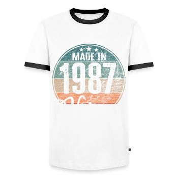Millésime Fabriqué en 1987 Année de naissance 1987 Anniversaire - T-shirt contrasté Homme - blanc/noir - Devant - AI Model Female 172 light (172cm) & AI Model Male 178 dark (178cm)