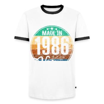 Millésime Fabriqué en 1986 Année de naissance 1986 Anniversaire - T-shirt contrasté Homme - blanc/noir - Devant - AI Model Female 172 light (172cm) & AI Model Male 178 dark (178cm)