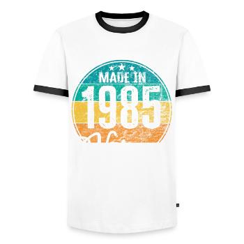 Vintage Made in 1985 Year of birth 1985 Birthday - Men's Ringer Shirt - white/black - Front - AI Model Female 172 light (172cm) & AI Model Male 178 dark (178cm)