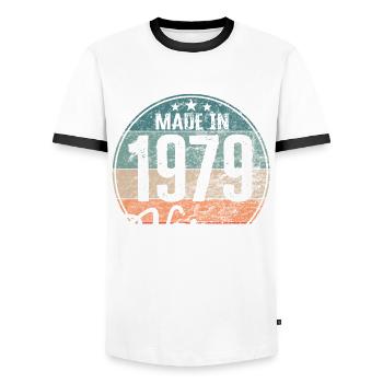 Vintage Made in 1979 Year of birth 1979 Birthday - Men's Ringer Shirt - white/black - Front - AI Model Female 172 light (172cm) & AI Model Male 178 dark (178cm)