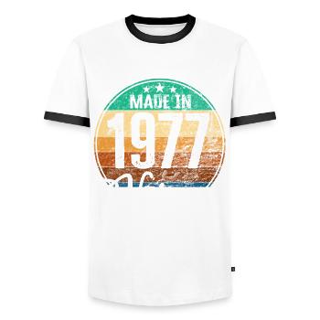 Vintage Made in 1977 Year of birth 1977 Birthday - Men's Ringer Shirt - white/black - Front - AI Model Female 172 light (172cm) & AI Model Male 178 dark (178cm)