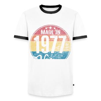 Vintage Made in 1977 Year of birth 1977 Birthday - Men's Ringer Shirt - white/black - Front - AI Model Female 172 light (172cm) & AI Model Male 178 dark (178cm)