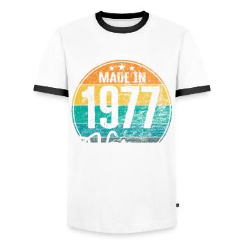 Vintage Made in 1977 Year of birth 1977 Birthday - Men's Ringer Shirt - white/black - Front - AI Model Female 172 light (172cm) & AI Model Male 178 dark (178cm)