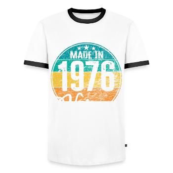 Millésime Fabriqué en 1976 Année de naissance 1976 Anniversaire - T-shirt contrasté Homme - blanc/noir - Devant - AI Model Female 172 light (172cm) & AI Model Male 178 dark (178cm)