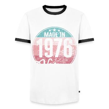 Millésime Fabriqué en 1976 Année de naissance 1976 Anniversaire - T-shirt contrasté Homme - blanc/noir - Devant - AI Model Female 172 light (172cm) & AI Model Male 178 dark (178cm)