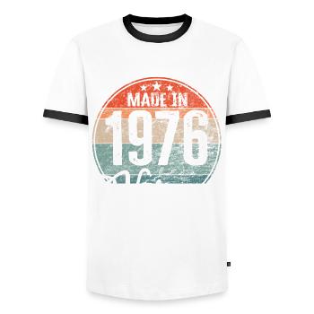 Millésime Fabriqué en 1976 Année de naissance 1976 Anniversaire - T-shirt contrasté Homme - blanc/noir - Devant - AI Model Female 172 light (172cm) & AI Model Male 178 dark (178cm)