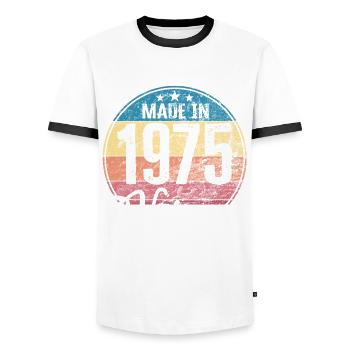 Vintage Made in 1975 Year of birth 1975 Birthday - Men's Ringer Shirt - white/black - Front - AI Model Female 172 light (172cm) & AI Model Male 178 dark (178cm)