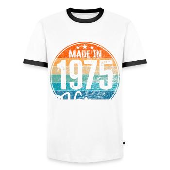 Vintage Made in 1975 Year of birth 1975 Birthday - Men's Ringer Shirt - white/black - Front - AI Model Female 172 light (172cm) & AI Model Male 178 dark (178cm)