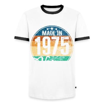 Vintage Made in 1975 Year of birth 1975 Birthday - Men's Ringer Shirt - white/black - Front - AI Model Female 172 light (172cm) & AI Model Male 178 dark (178cm)