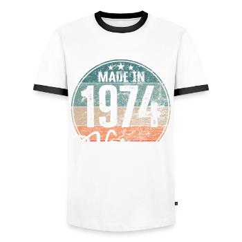 Millésime Fabriqué en 1974 Année de naissance 1974 Anniversaire - T-shirt contrasté Homme - blanc/noir - Devant - AI Model Female 172 light (172cm) & AI Model Male 178 dark (178cm)