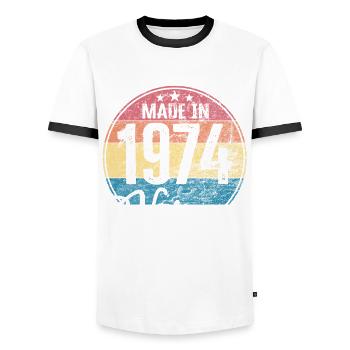 Millésime Fabriqué en 1974 Année de naissance 1974 Anniversaire - T-shirt contrasté Homme - blanc/noir - Devant - AI Model Female 172 light (172cm) & AI Model Male 178 dark (178cm)