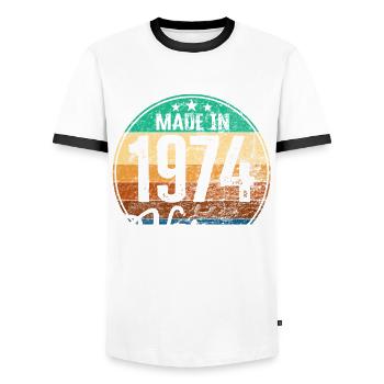 Millésime Fabriqué en 1974 Année de naissance 1974 Anniversaire - T-shirt contrasté Homme - blanc/noir - Devant - AI Model Female 172 light (172cm) & AI Model Male 178 dark (178cm)