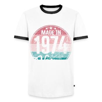 Millésime Fabriqué en 1974 Année de naissance 1974 Anniversaire - T-shirt contrasté Homme - blanc/noir - Devant - AI Model Female 172 light (172cm) & AI Model Male 178 dark (178cm)